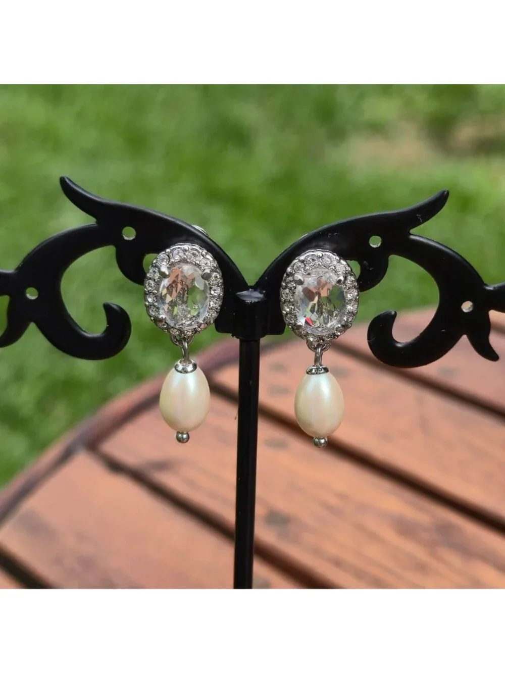 Vintage Monet Crystal Faux Pearl Clip-On Earrings Rhinestone Drop Dangle Jewelr